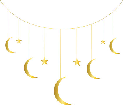 Golden crecent moon with stars hanging on transparent background for Ramadan, eid, mubarak greetings card, poster, banner design