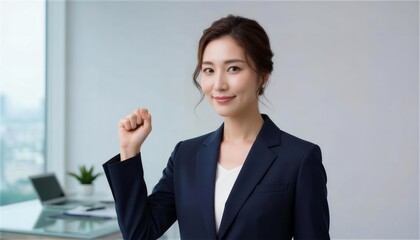 オフィスで自信に満ちたガッツポーズをする女性