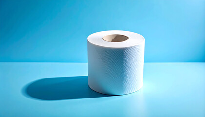 Single upright toilet paper roll casting soft shadow on solid light blue background, minimalist everyday object.