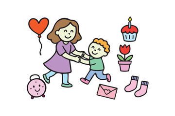 Happy Mother and Child Playing Together Cute Hand Drawn Family Illustration on white background.