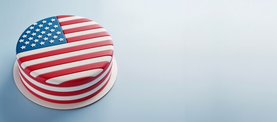 3D American flag cake banner, isolated on soft background with copy space
