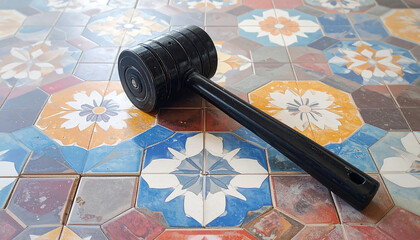 Black rubber mallet resting on colorful hexagonal tile floor with floral and geometric patterns, construction scene.
