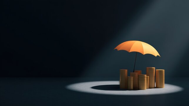 Golden coins stacked under an orange umbrella, symbolizing financial security and protection