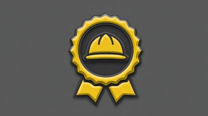 Golden award ribbon with hard hat emblem symbolizing safety and achievement in construction