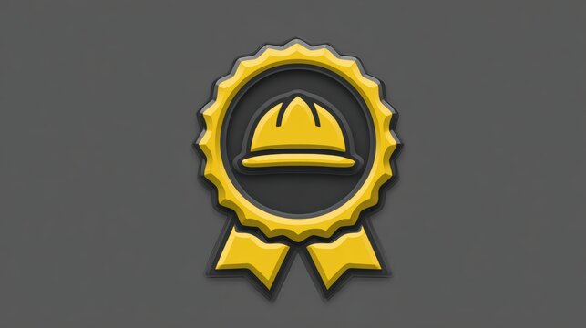 Golden award ribbon with hard hat emblem symbolizing safety and achievement in construction - Powered by Adobe