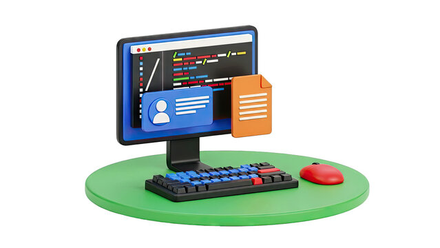 3D Illustration of Computer with Coding Interface and User Profile
