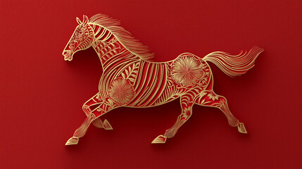 An intricately designed golden horse sculpture against a rich, saturated red backdrop. This artful composition evokes elegance and vitality. 