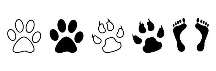 Cat paw print PNG, Dog paw print and human foots prints. Footprint and Paw Print Icon Set, Black Silhouettes and Outlines on Transparent Background  © Noy