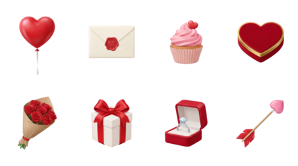 Valentine's Day romantic 3d icon set including heart balloon, love letter, flower bouquet, gift, engagement ring, and cupid arrow isolated. Celebration and wedding holiday elements.