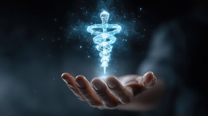 Digital caduceus symbol glowing brightly above an open palm in a futuristic medical concept