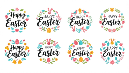 Colorful Easter Wreaths with Bunnies, Eggs, and Flowers on Black Background