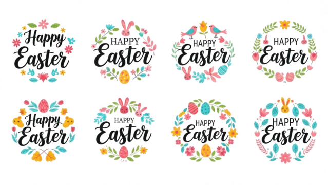 Colorful Easter Wreaths with Bunnies, Eggs, and Flowers on Black Background - Powered by Adobe