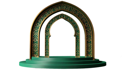 Ornate Arched Gateway with Gold Trim, Green Base, and Textured Pattern Details