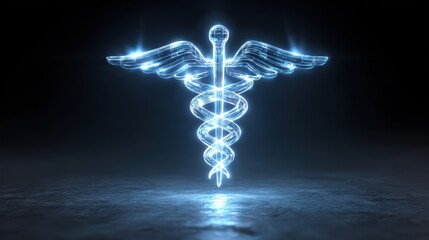 Glowing blue caduceus symbol with wings, representing healthcare and medicine