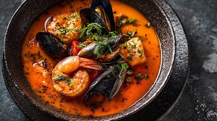 Spanish seafood stew presented as refined tasting portion, pale stone surface