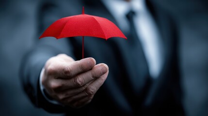 Businessman offering a small red umbrella for protection and security