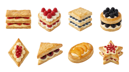 Puff pastry millefeuille set including heart, star, square, and round shapes with fresh berries isolated. Gourmet dessert and bakery collection.