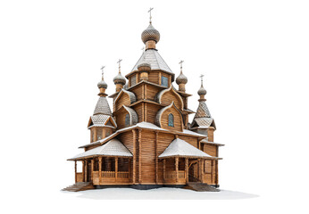 Obraz premium Traditional wooden Orthodox church with onion domes covered in snow, isolated on a transparent background