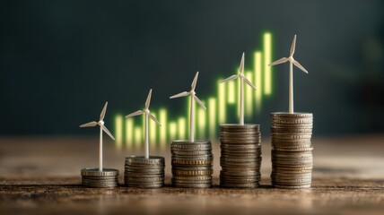 energy stock power trading concept. Stacks of coins topped with wind turbines, symbolizing renewable energy and financial growth.