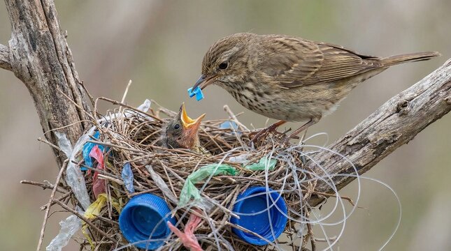 Heartbreaking nature photograph of a mother bird feeding microplastic to her chick in a nest woven with plastic waste, bottle caps, and fishing line. Concept of environmental pollution affecting wildl