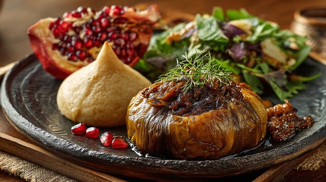 Turkish imam bayildi refined into elegant vegetarian main, warm beige tones