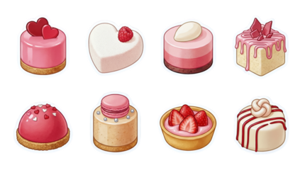 Miniature pink dessert set including mousse cakes, heart tart, layered cheesecake, and glazed pastries isolated. Romantic bakery and sweet food collection.