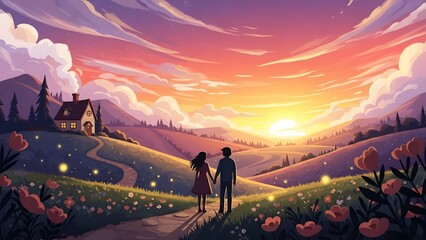 Fototapeta premium A romantic sunset walk through a magical field towards a cozy cottage