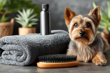 Grooming tools and a dog resting on a soft towel in a cozy indoor space Generative AI