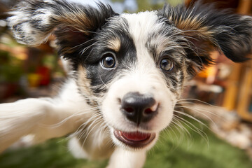 Puppy running toward camera in the backyard during sunny afternoon Generative AI