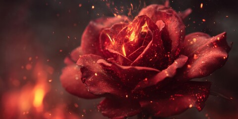 Eternal Flame: The image presents a rose aflame, its petals a vibrant tapestry of passion, surrounded by sparks that dance, embodying both beauty and the ephemeral nature of life.