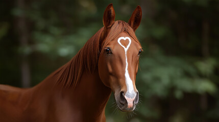 Obraz premium A majestic chestnut horse with a distinctive heart-shaped marking on its forehead poses gracefully, its eyes conveying a sense of wisdom and serenity in a photorealistic portrait. 