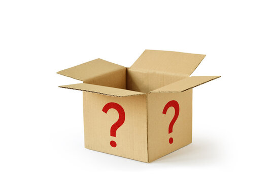 Cardboard box with question mark on white background - Concept of mystery box