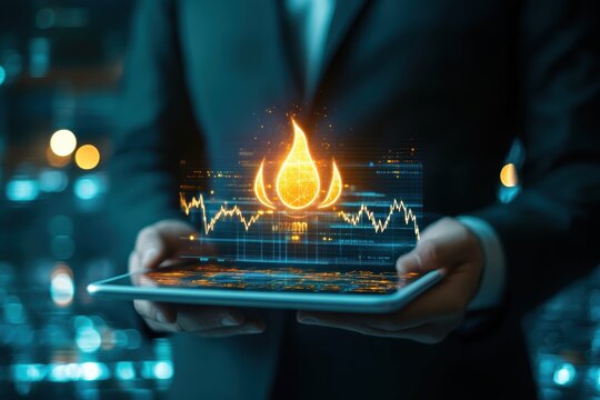energy stock power trading concept. A businessman holds a tablet displaying a digital flame and financial data visualization. - Powered by Adobe
