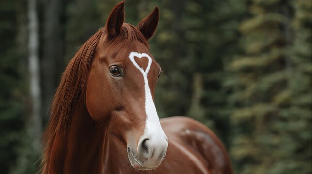 A majestic chestnut horse with a white heart-shaped marking on its forehead stands gracefully in a serene forest setting, embodying elegance and natural beauty.