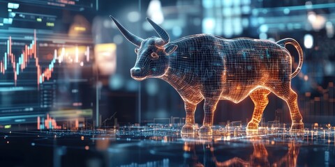 energy stock power trading concept. Abstract digital bull figure with stock market graphs in the background, symbolizing financial strength and growth.