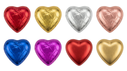 Heart shaped chocolate candy set including red, gold, silver, rose, blue, and purple foil wrapped sweets isolated. Romantic treats for Valentine's day and anniversary.