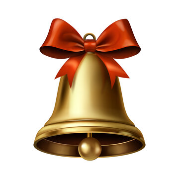 Golden Christmas bell with red bow hanging for holiday decoration festive and elegant 3D icon isolated on transparent background