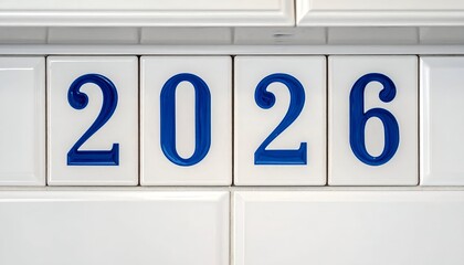 Close-up of four white tiles displaying the year 2026 in blue