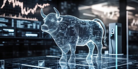 energy stock power trading concept. Digital bull statue representing stock market trends with data visualizations in the background.