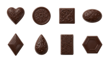 Dark chocolate pralines set including heart, floral, geometric, and lace textured candies isolated. Gourmet confectionery and dessert collection.