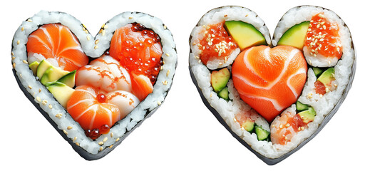 Creative heart shaped sushi roll with salmon, avocado, and roe isolated on white transparent background.