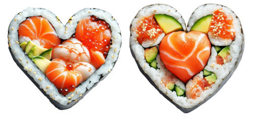 Creative heart shaped sushi roll with salmon, avocado, and roe isolated on white transparent background.