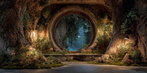 The Secret Garden's Portal: A hidden oasis within a fantastical dwelling, a circular portal beckons with the promise of exploration.