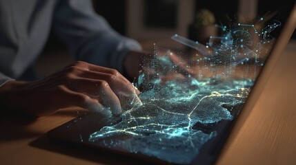 Close up on hands interacting with a glowing digital map projection displaying blue data points across continents.