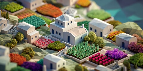 Miniature Village with Fields and Crops: A whimsical view of a miniature village nestled amongst vibrant fields and crops, featuring small houses and meticulously organized plots.