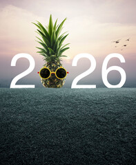 Pineapple with sunglasses and 2026 white text on green grass field over aerial view of cityscape at sunset, vintage style, Happy new year 2026 summer holiday concept