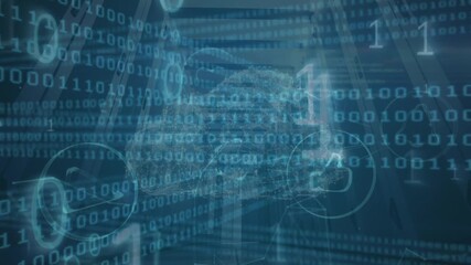 Animation of data, binary code and digital cloud on blue background - Powered by Adobe