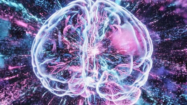 Neon brain neuron network glowing synapse electric abstract cortex bioluminescent. glowing translucent brain with neural network connections and electric spark, futuristic neuroscience visualization