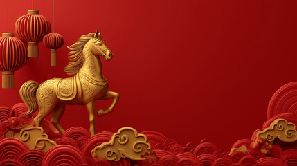 Obraz premium A golden horse figurine stands elegantly against a backdrop of deep red, adorned with traditional lanterns and ornamental clouds, the artwork encapsulates the spirit of the festive event.