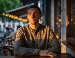 夕暮れ時のカフェで考え込む男性